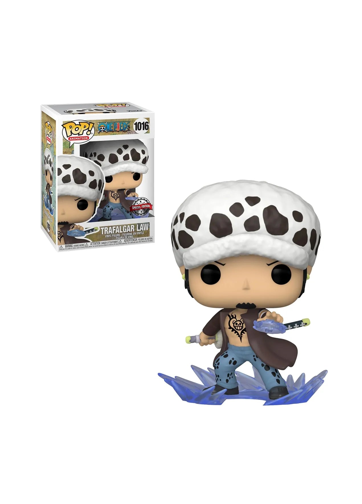 Funko Pop Trafalgar Law – stylische Figur des Chirurgen des Todes im Case.