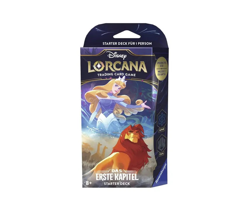 Disney Lorcana Das Erste Kapitel Starter Deck Saphir und Stahl Deutsch – ideales Starterset für Lorcana-Neulinge.