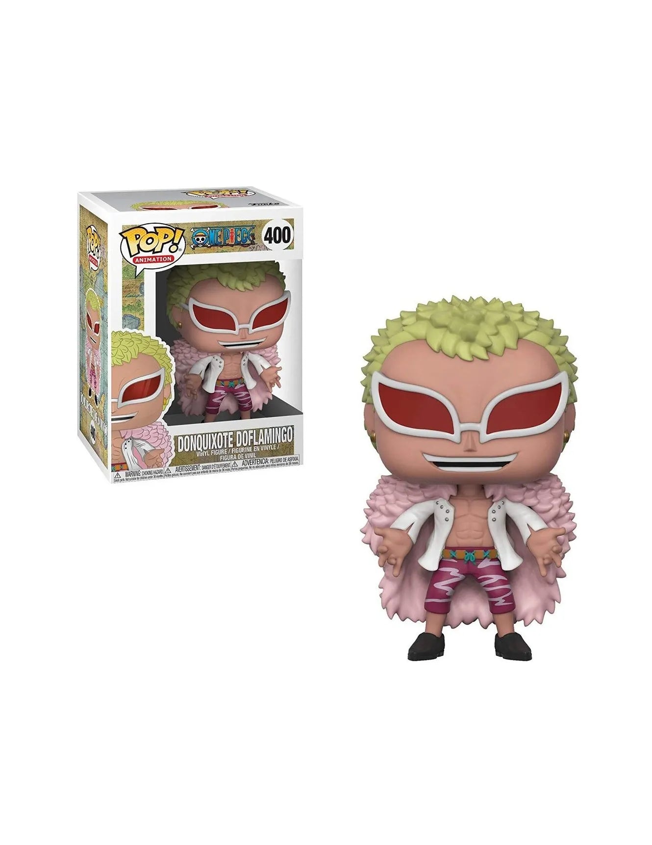 Funko Pop Doflamingo #400 – gefürchteter Warlord mit Sonnenbrille und pinkem Mantel.